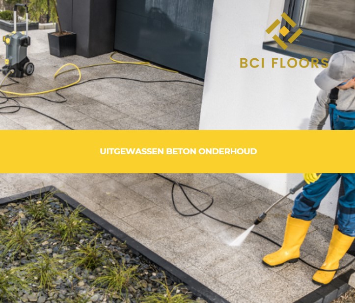 Onderhoudsprocedures voor uitgewassen beton, zoals reinigen met een hogedrukreiniger of het aanbrengen van coatings.